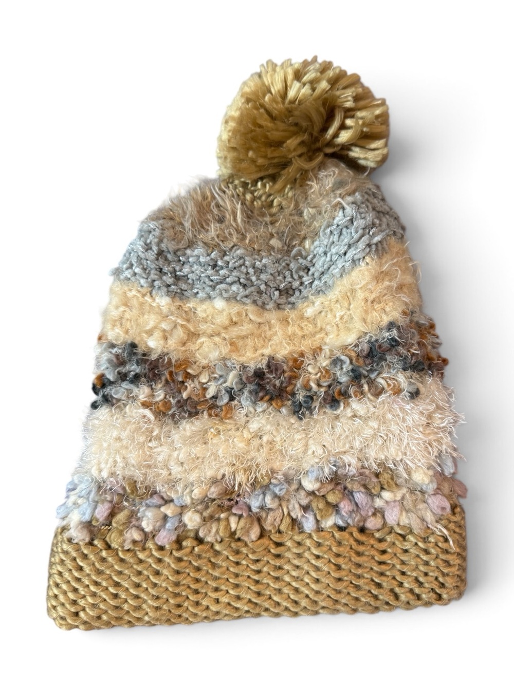 Cozy Multicolor Pom-Pom Knit Slouchy Beaniei - Neutral Tones